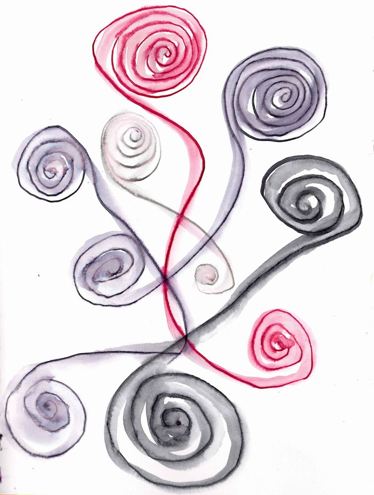 red, pink, lavender and gray, abstract like rolled lines somewhat inspired by fiddlehead furns; standing strong with a sense of their own personality