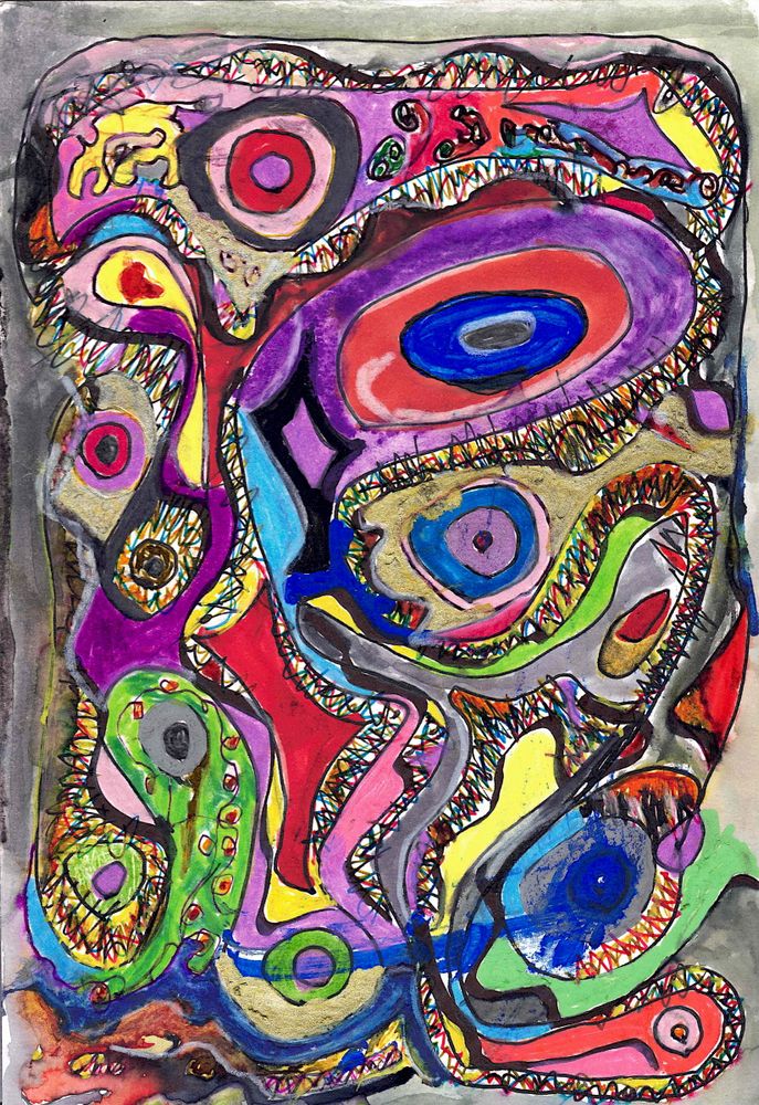 Colorful circles leading to other circles; lots of bright colors, lots of colorful tight line work done with fountain pen. Biomorphic.