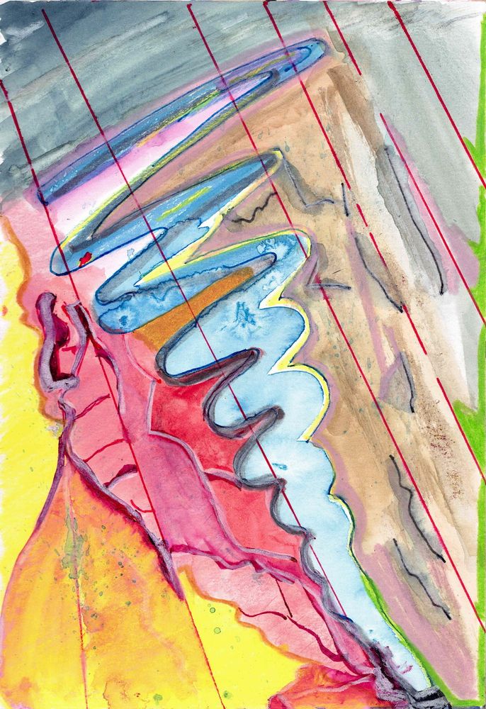 blue twister caught between yellow/red on left and yellow/brown on right. Almost parallel red lines crossing length from top left to lower right