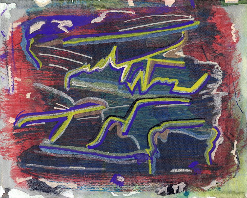 this landscape oriented hand made art work has a red and blue background from watercolors spread with mostly dry brush, the foreground has yellow, white and purple mostly horizontal lines drawn with acrylic markers and a white watercolor stick.