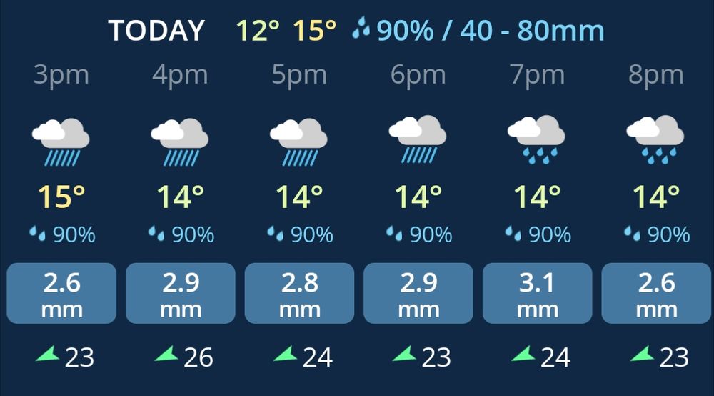 Weatherzone app screenshot showing heavy rain several mm per hour forecast well into the evening 