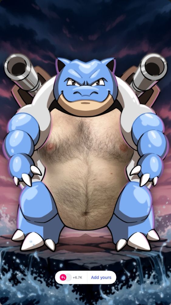 Image of Blastoise standing on a rock while water splashes around him, his chest & belly area are cutaway showing an image of my chest & belly underneath