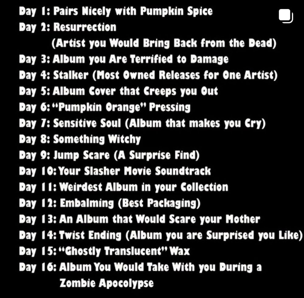 List of the first 16 prompts for the Halloween Vinyl Challenge