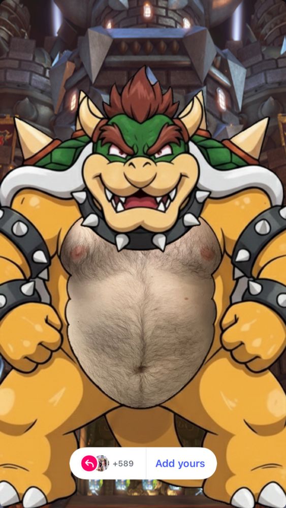 Image of Bowser flexing in front of his castle with chest & belly cutout to reveal my chest & belly instead