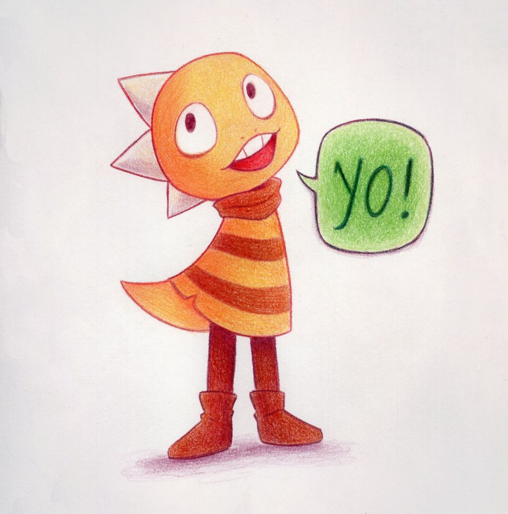 A colored pencil drawing of Monster Kid from Undertale, saying "yo!" in a green text bubble