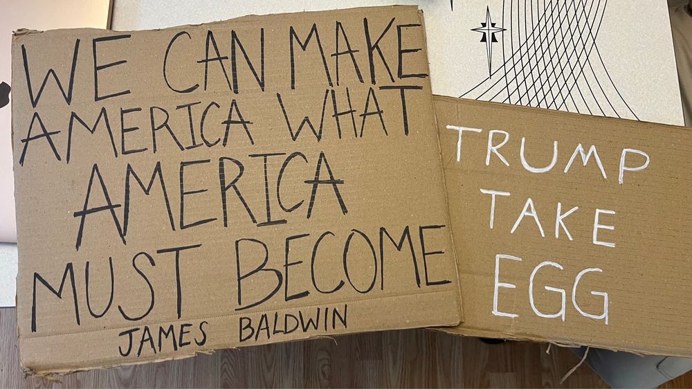 Two cardboard signs. One in black ink: “We can make America what America must Become, James Baldwin” and one in white ink: “Trump Take Egg” 