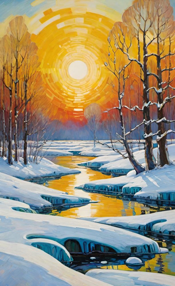 Ki generiertes BIld einer schönen Winterlandschaft, inspiriert von Malern wie Klimt