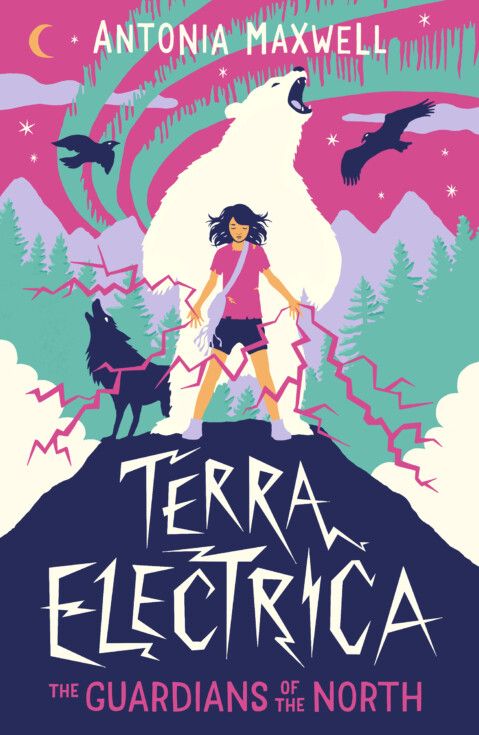 Book cover of Terra Electrica: The Guardians of the North, by Antonia Maxwell. Atop a hill, a girl in summer clothes shoots magenta-colored lightning from her hands. Standing with her are a howling wolf and gigantic polar bear roaring at the Northern Lights above them. Two ravens fly to them through the magenta night sky, forest and high mountains in the distance.