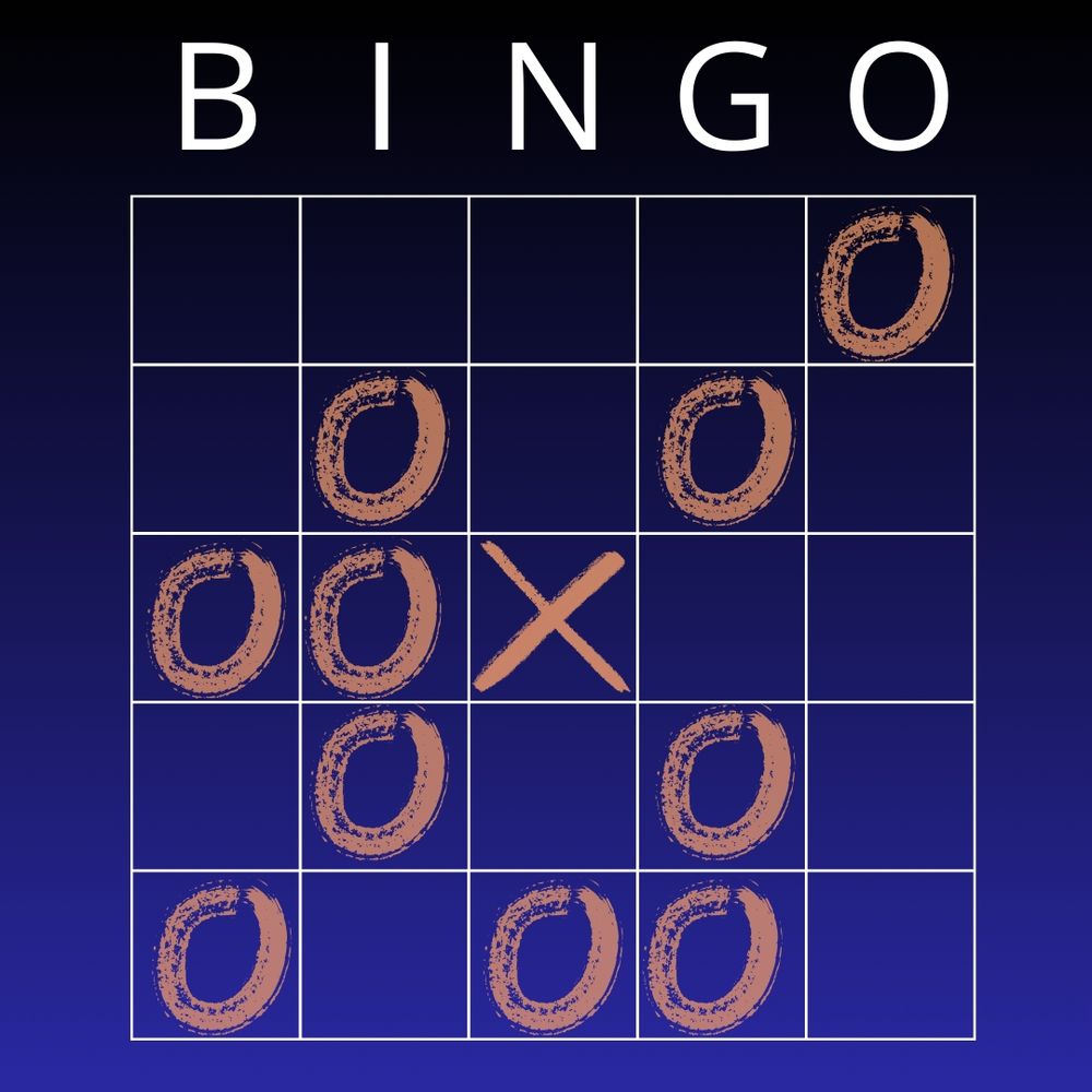 A digital graphic showing a 5x5 grid with letters spelling "bingo" across the top. There is a large X in the center space and several large Os scattered around the other spaces, including a line that forms a diagonal bingo from lower left to upper right.