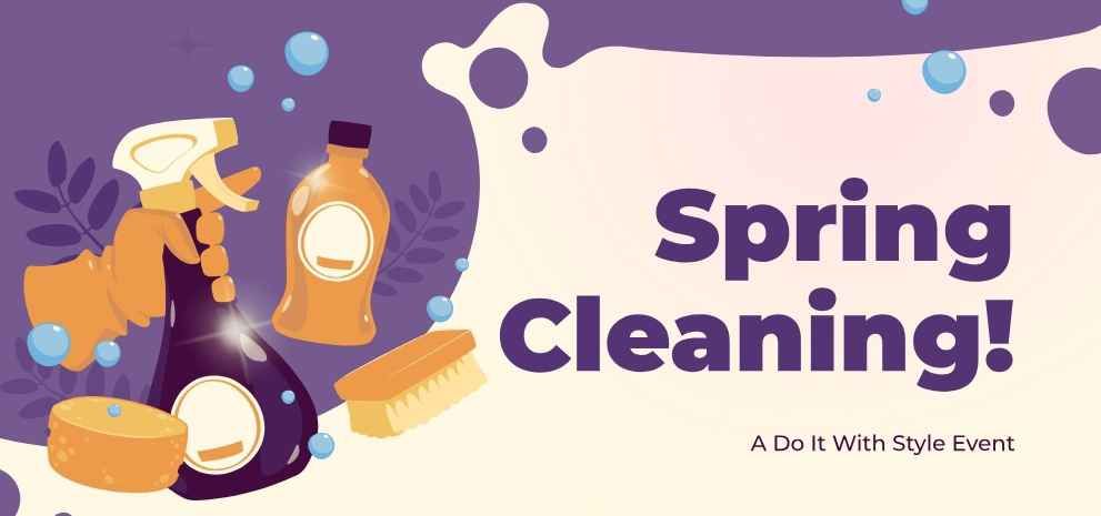 Digital banner announcing Do It With Style's spring cleaning event. A gloved hand holds a bottle of cleaning spray. A brush, a sponge, and a soap bottle decorate the left side of the image.