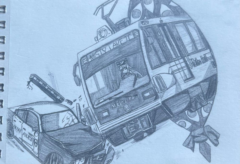 yukari in an LA metro P2000 series LRT train ramming into a police car through a gap
