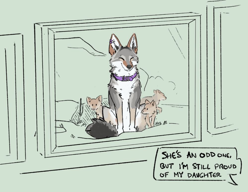 A framed photo on a shelf of a happy-looking coyote with three pups, and a speech bubble from offscreen saying "She's an odd one, but I'm still proud of my daughter."
