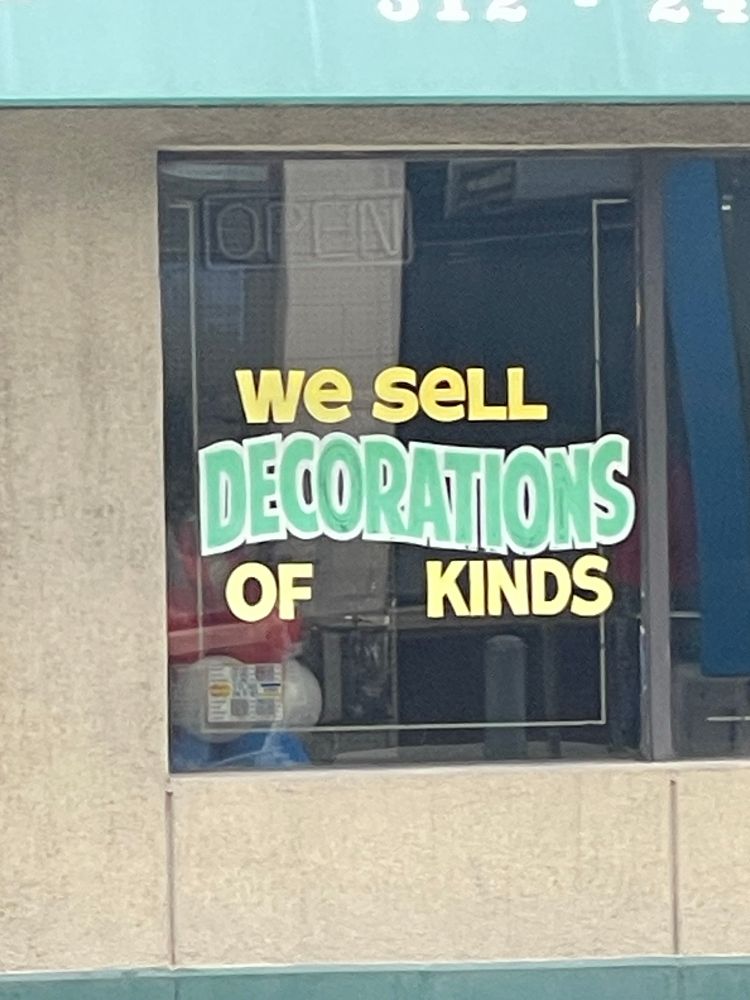 we sell decorations of kinds written on a storefront