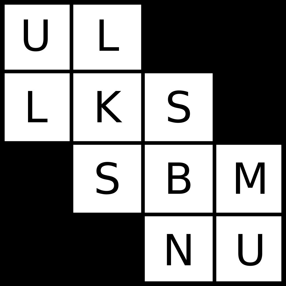 A 4x4 black and white grid with the following letters:
UL__
LKS_
_SBM
__NU