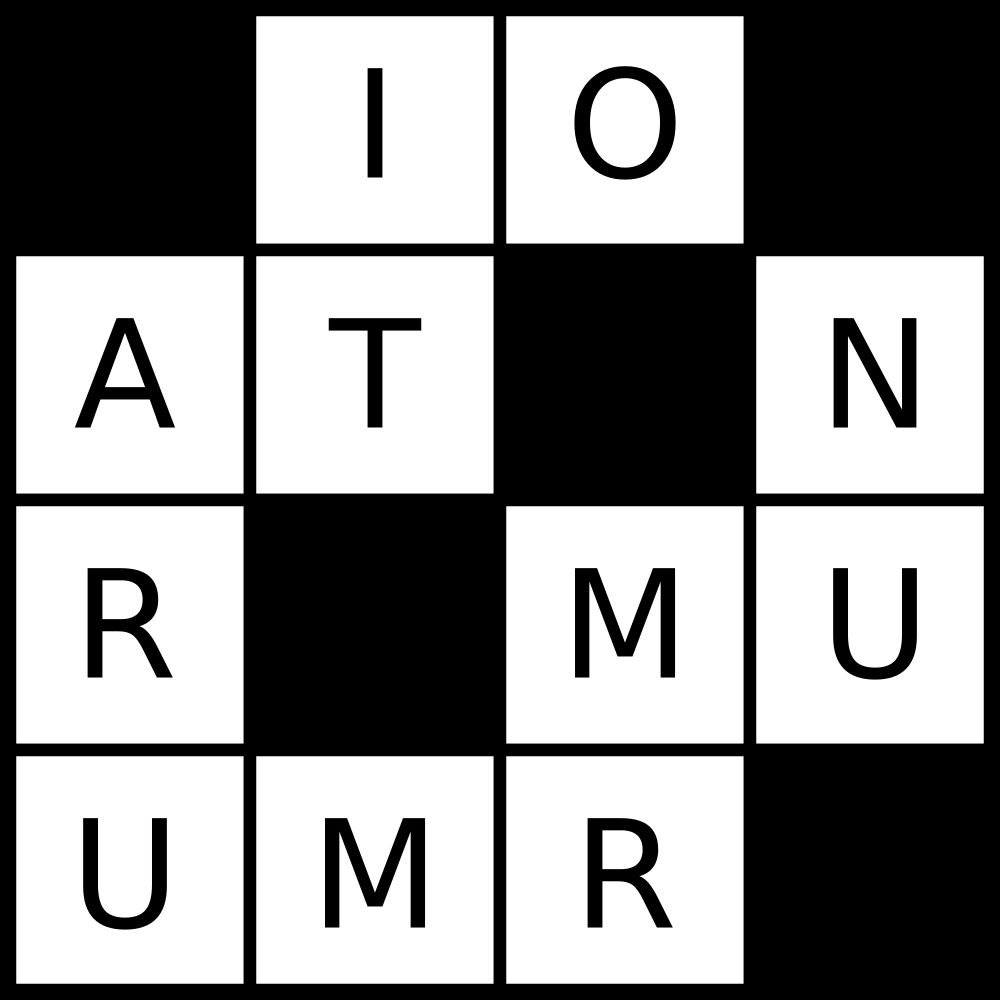 A 4x4 black and white grid with the following letters:
_IO_
AT_N
R_MU
UMR_