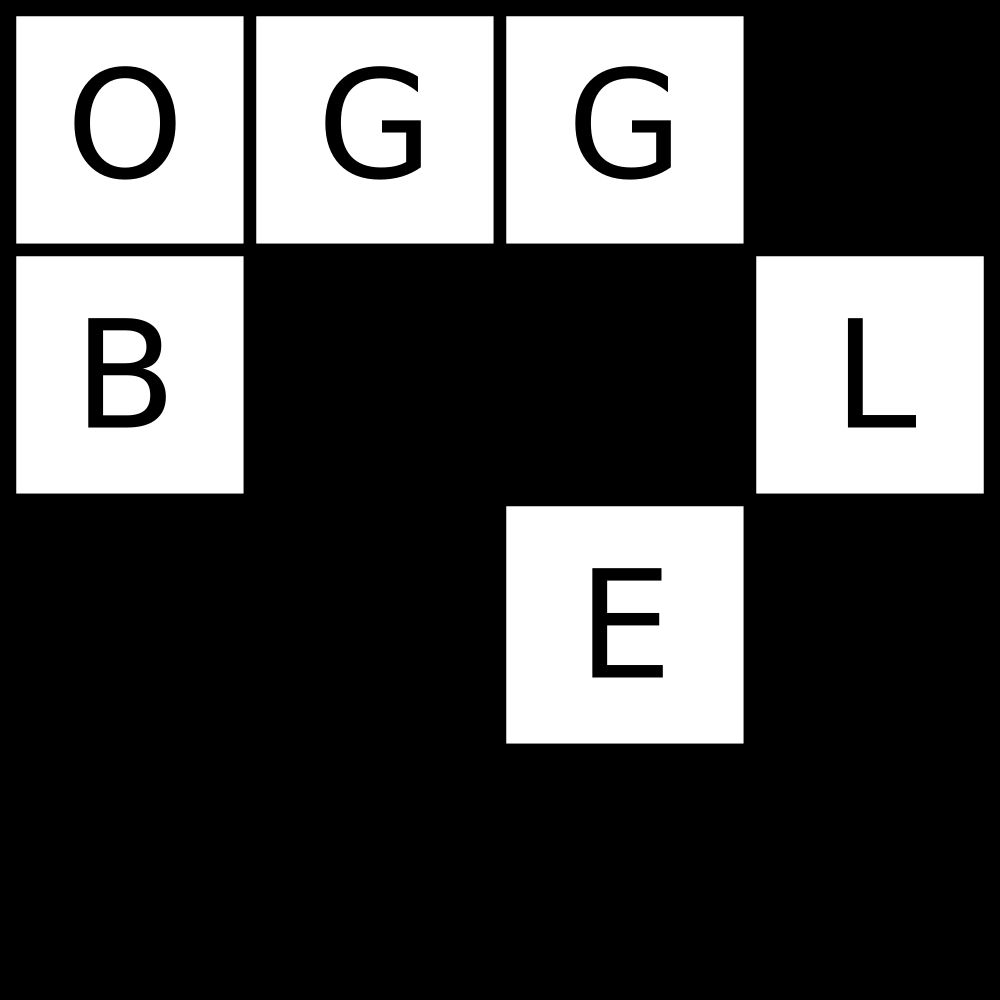 A 4x4 black and white grid with the following letters:
OGG_
B__L
__E_
____