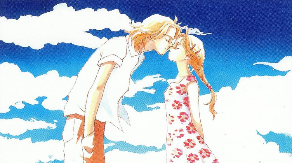 An illustration of the two main characters (Rei is on the left and Kira is on the right) of MARS by Fuyumi Soryo. Both are blonde, and Rei is much taller than Kira. He bends down to kiss her. She is wearing a white dress with a red flower pattern. A blue sky with clouds is in the background.