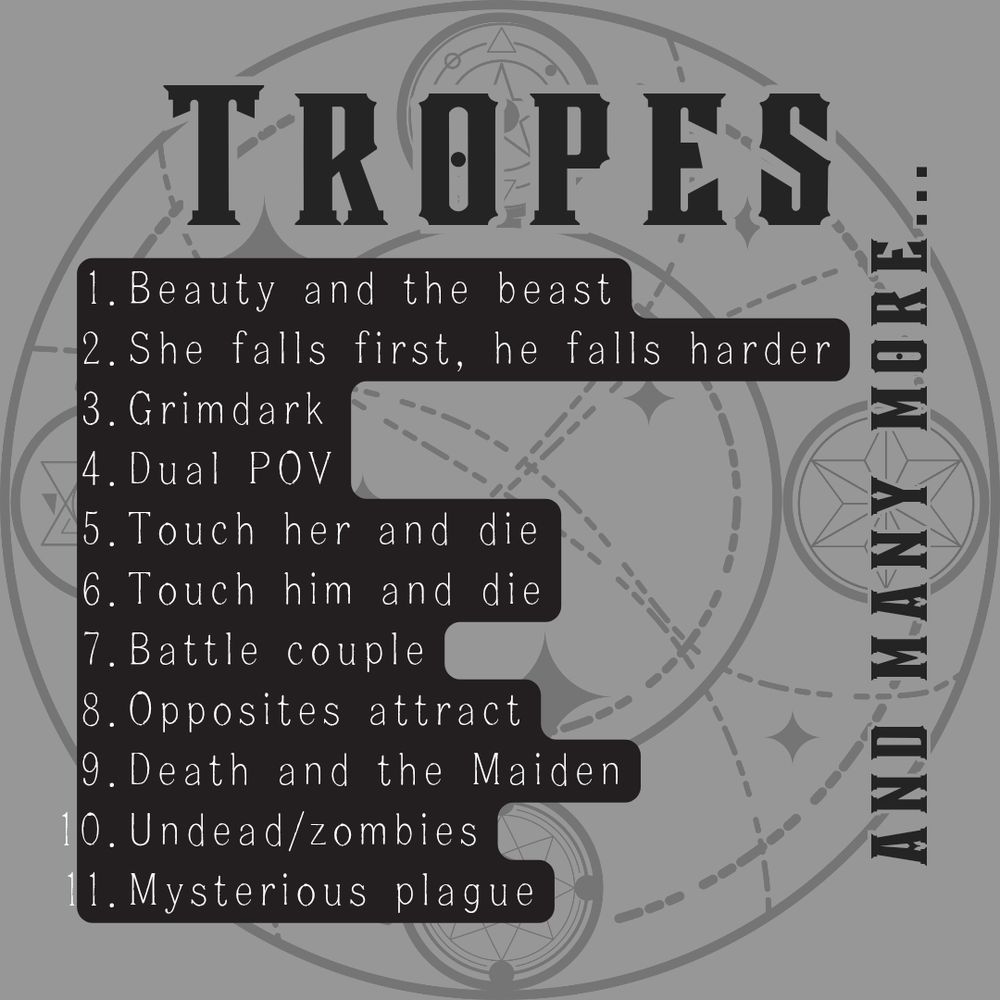 Tropes on a gray background with highlighted text that reads:
Beauty and the beast
She falls first, he falls harder
Grimdark
Dual POV
Touch her and die
Touch him and die
Battle couple
Opposites attract
Death and the maiden
Undead/zombies
Mysterious plague

And many more