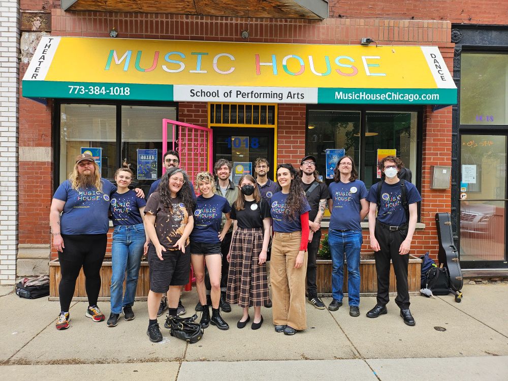 Representatives of Music House Workers United outside the Music House Humboldt Park studio, after their union launch rally requesting voluntary recognition from management