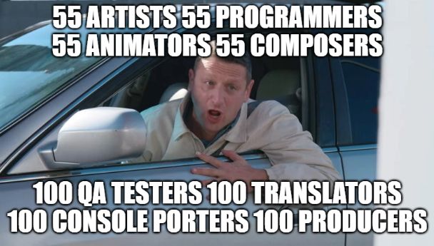an image of tim robinson, mouth open talking at a drive thru, with text that reads "55 ARTISTS 55 PROGRAMMERS 55 ANIMATORS 55 COMPOSTERS 100 QA TESTERS 100 TRANSLATORS 100 CONSOLE PORTERS 100 PRODUCERS