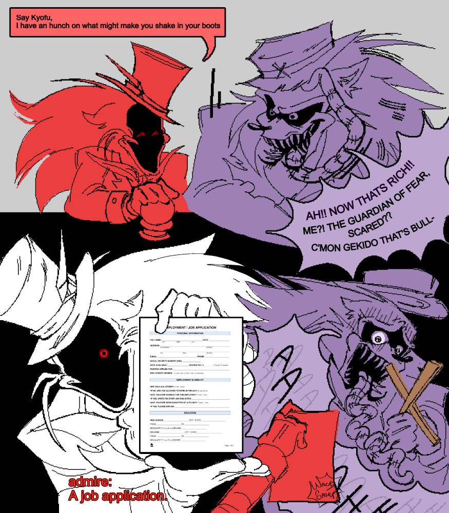 Comic about gekido telling kyofu he might know what scares him, kyofu finds this ridiculous until gekido shows him a job application which makes him scream and hold a wooden X
