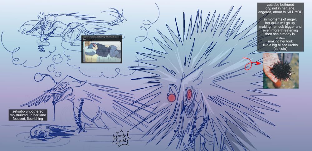The picture shows zetsubo first being calm
and relaxed, after eating a snack and thinking
about listening music, but then in a state of
anger to show the headcanon of how her quills
will go up in tense moments, to make her
look bigger and more threatening, as well as
making her look like a sea urchin, so cute