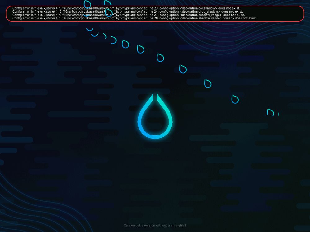 Screenshot of Hyprland window manager with compositor error message