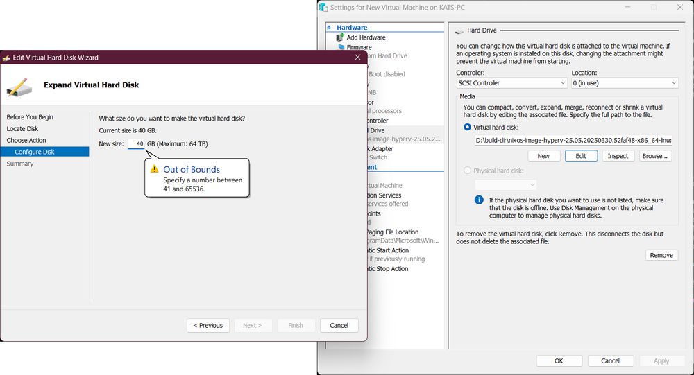 hyper-v menu showing expand virtual hard disk