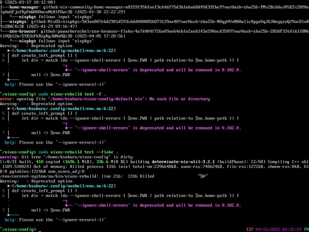 output of `sudo nixos-rebuild test --flake .` shows system ran out of memory and consequently nix got killed while building determintate nix 