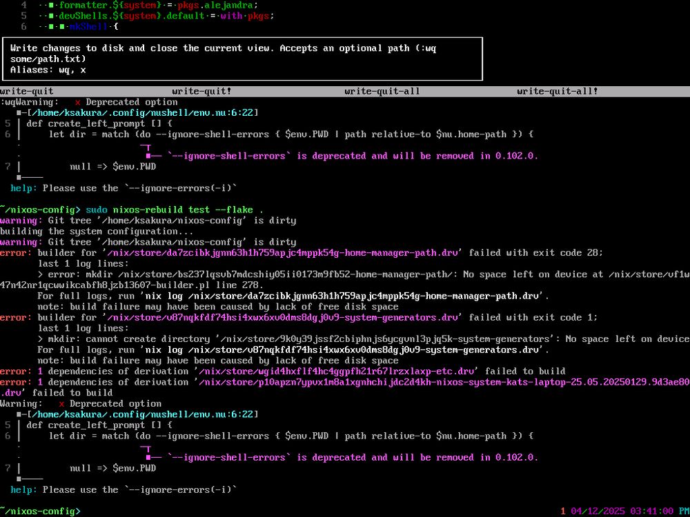 terminal output saying no space left on device