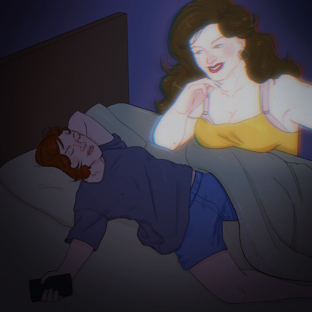 digital illustration of barb holland sleeping in bed while a hologram of transfem stevie harrington watches over her