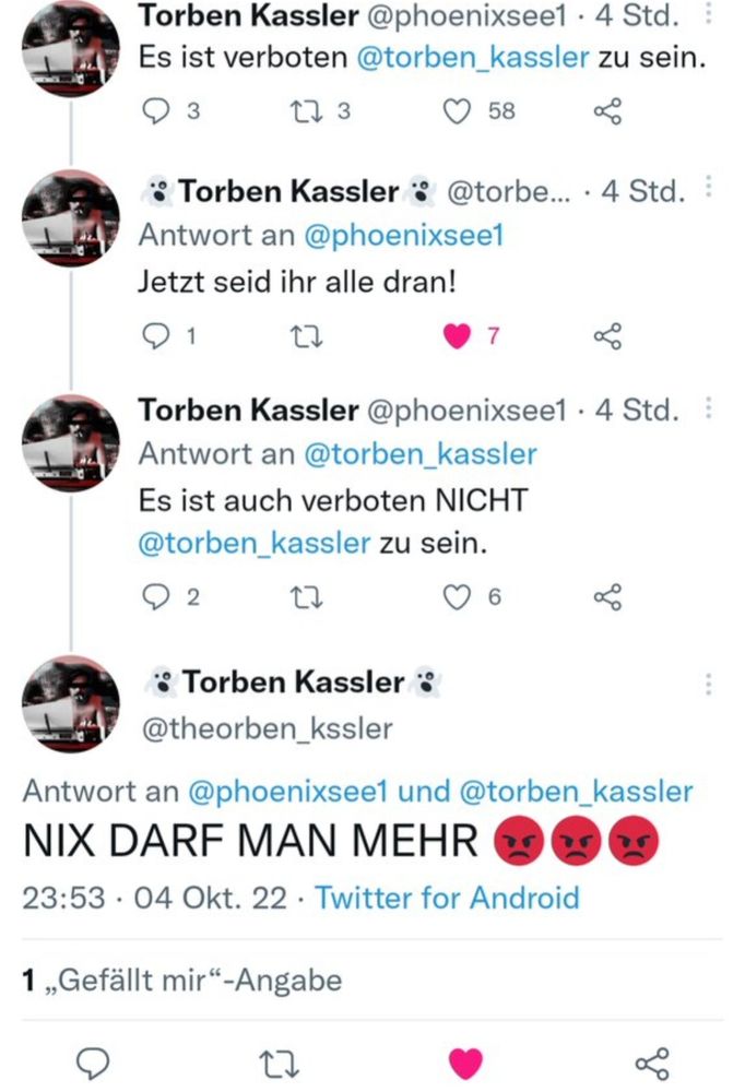 Alter Twitterthread, wo Thorben Kassler und diverse Thorben-Kassler-Fake-Profile miteinander diskutieren, wer Thorben Kassler sein darf. 