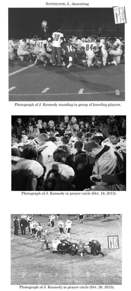 Three pictures cropped from Justice Sotomayor's dissenting opinion in the Kennedy v. Bremerton School District case. All three pictures show coach Kennedy on three different occasions offering 