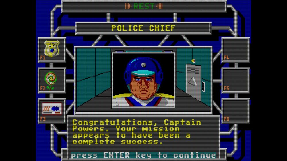 [screenshot of Omicron Conspiracy] Portrait of a dorkass cop in a space helmet: 