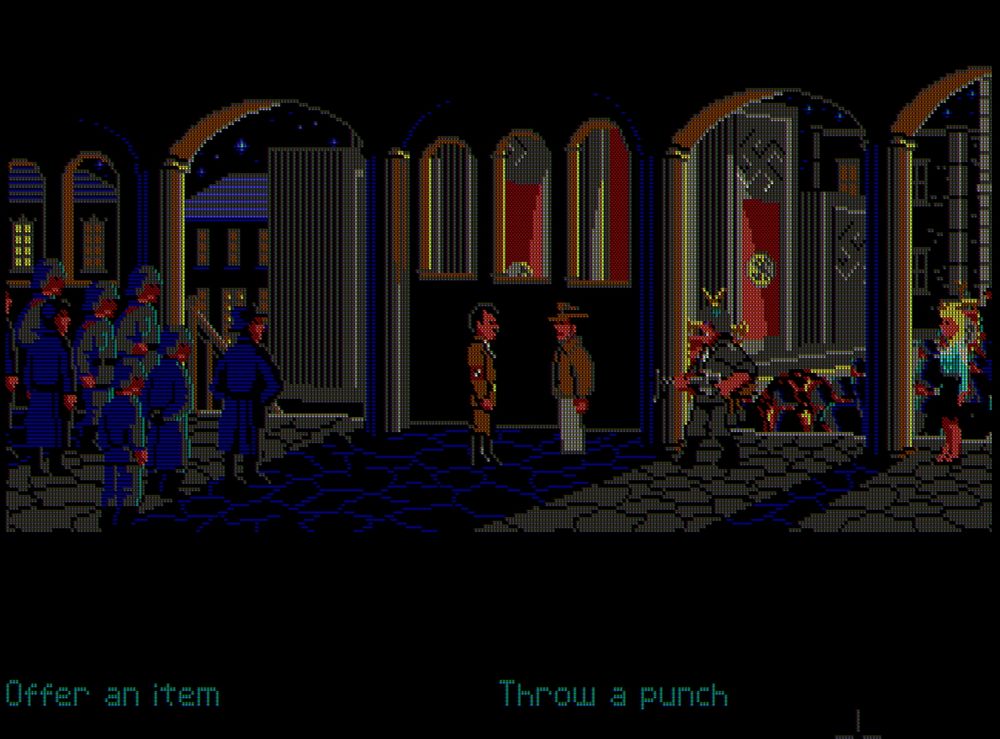 Screenshot of Indiana Jones and the Last Crusade for DOS, early 90's: Indiana Jones stands in front of Hitler backstage of a mass book burning. Below are the options: "Offer an item" or "Throw a punch"