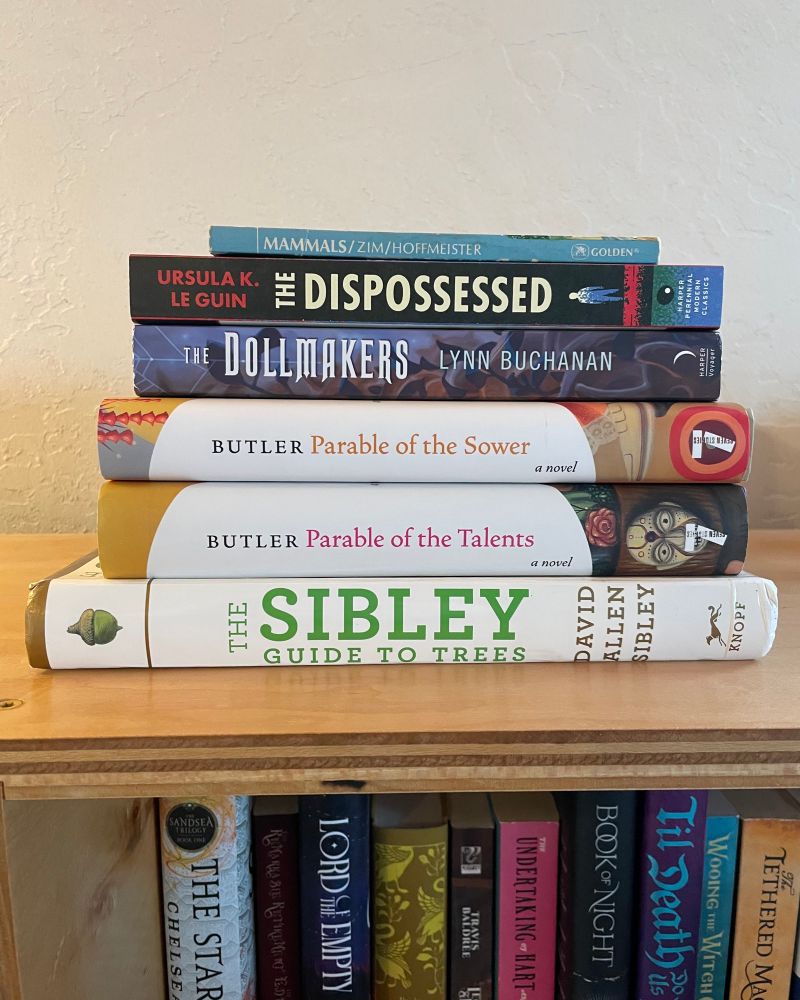 A stack of books on top of a bookshelf. 