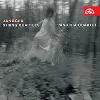 CD cover for Janáček's string quartets performed by Panocha Quartet.  A mysterious figure in a pale dress races through the woods in a blurred black and white image. 