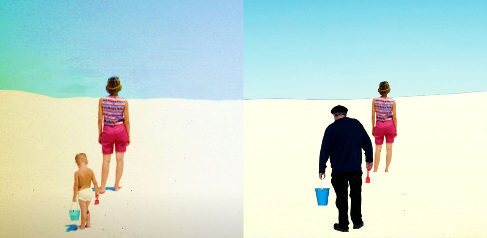 Photos of me at one and half years old and 67 years old on a pure white sand dune that looks like snow. In both I carry a blue sand pail and red shovel. Following behind my mother as she look into the pale blue sky. 