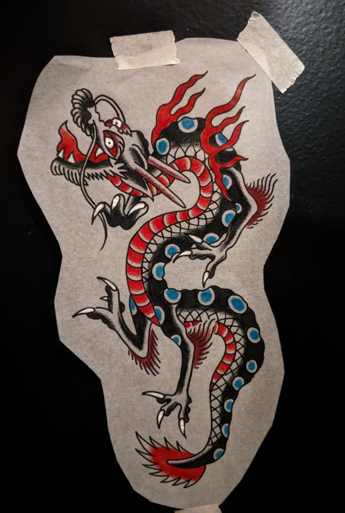 A dragon drawing done in a traditional tattoo style. it features bold lines, heavy black shading, and a minimal color palette of red, brown, and green