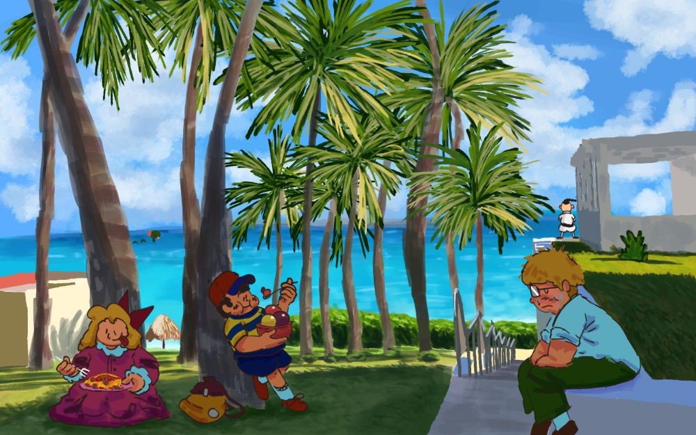 The Chosen Four are relaxing at an all-inclusive beach resort in Summers. Ness and Paula are enjoying a Gelato de Resort and a Pasta di Summers respectively. Jeff is hunched over, suffering from a minor heatstroke because he's British. Poo is in the background aura farming, as usual. There's also a certain green serpent-like creature swimming in the ocean.