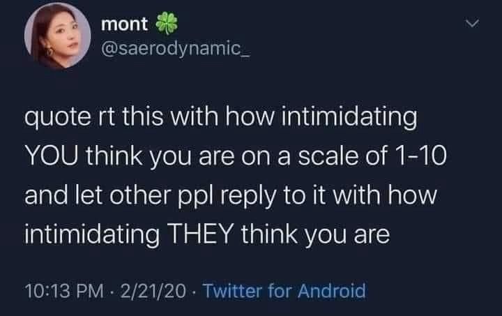 Text that says "quote RT this with how intimidating YOU think you are on a scale of 1-10 and let other people reply to it how intimidating THEY think you are"