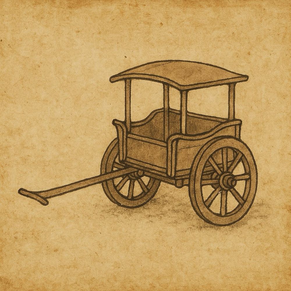 Illustration of a chariot, referencing the famous simile from the Milindapañha. According to the Buddhist monk Nāgasena, just as a chariot is merely the sum of its parts — wheels, axle, yoke — and not a substance of its own, so too is the self a conventional designation for the five aggregates (skandhas). No enduring essence can be found in either. Interpreted and generated by DALL•E.
