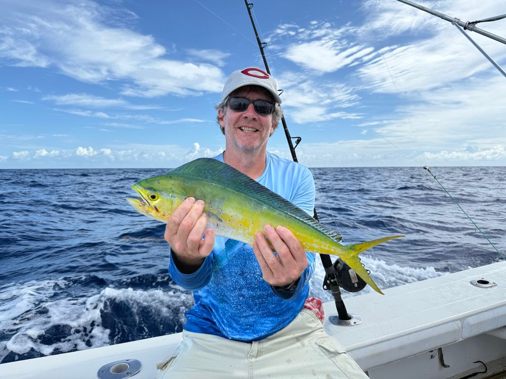 A bright green and gold mahi mahi fish against a blue sea and blue sky (and blue shirt) that was caught and released