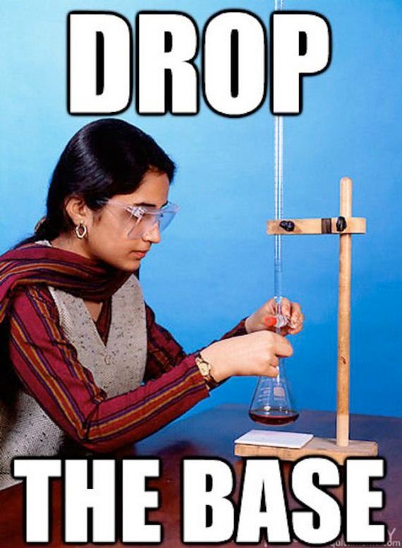 DROP THE BASE science meme of a woman dispensing a purple fluid into a graduated cylinder.
