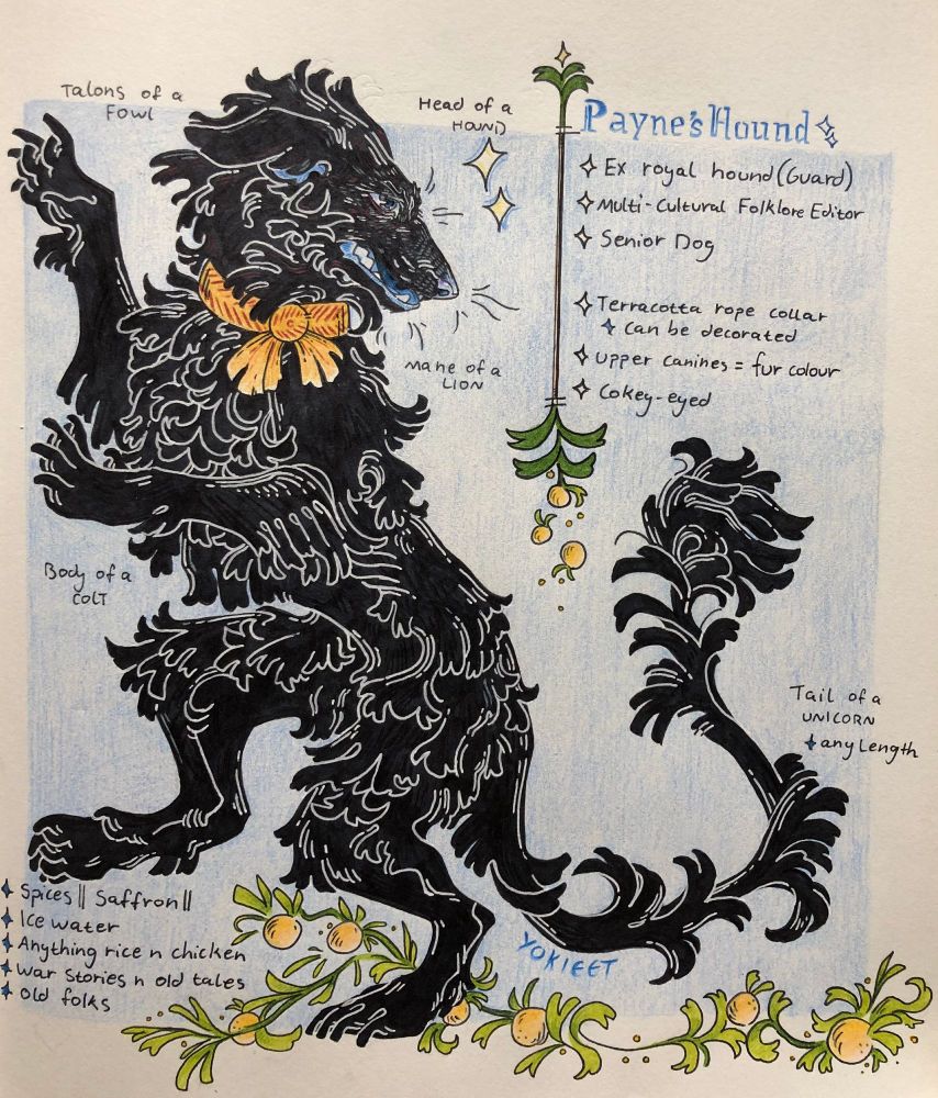 The original 2022 version of the borzoi-beast's reference sheet. Everything remains roughly the same compared to its newer counterpart, though the medium is drawn traditionally with ink and coloured pencils on paper instead of digital.
