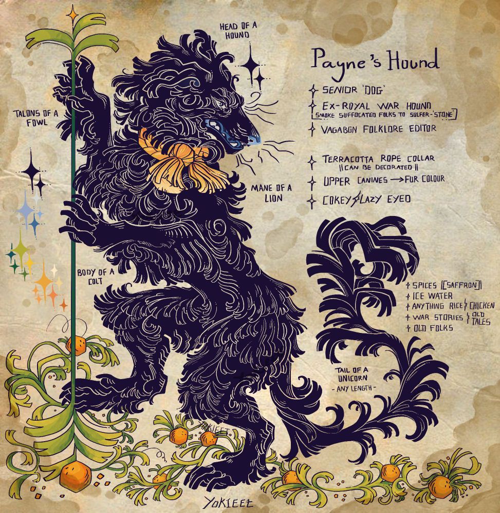 Character reference sheet of a borzoi-like beast holding a staff made of citrus and palm. It has thick dark fur, a tail as long as it's body, and a rope collar made of terracotta around its mane.