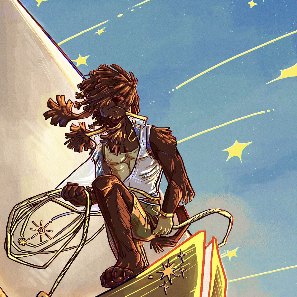 A close up of my character, Ekundayo, postured to the front of he boat, rope in hand.