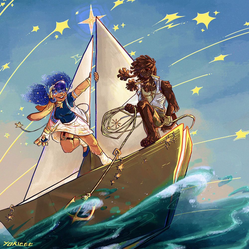 Digital illustration of two anthropomorphic animals traversing the seas on a 2-toned paper sailboat. At the boat’s centre, a warmly tanned rabbit is aesthetically dressed in a star-studded sailor’s fit. From her hand, she hangs from presumably the boat’s invisible mast. In front, similarly decorated, a solid dark poodle faces the destination ahead whilst lowering the anchor. Behind them, yellow 5-pointed stars fly across a soft dawn-dusted sky of pinks and blues.