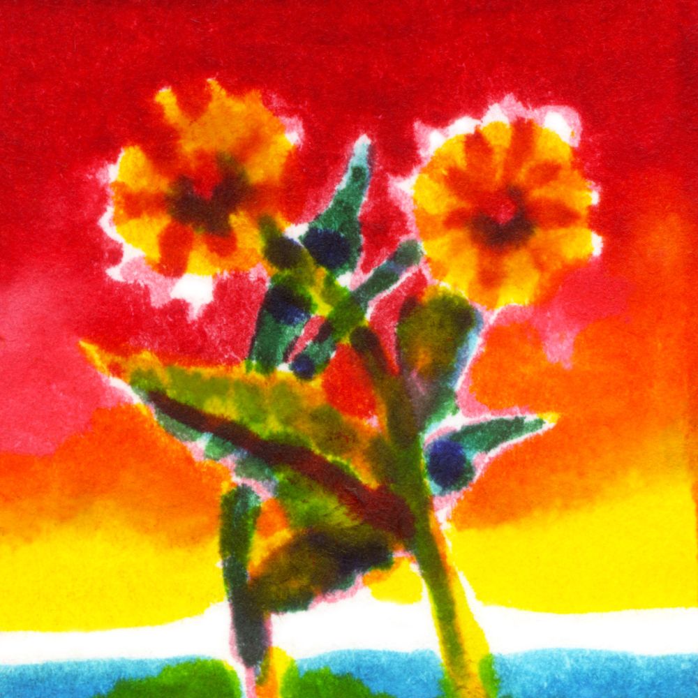 Colorful drawing of two flowers hugging 