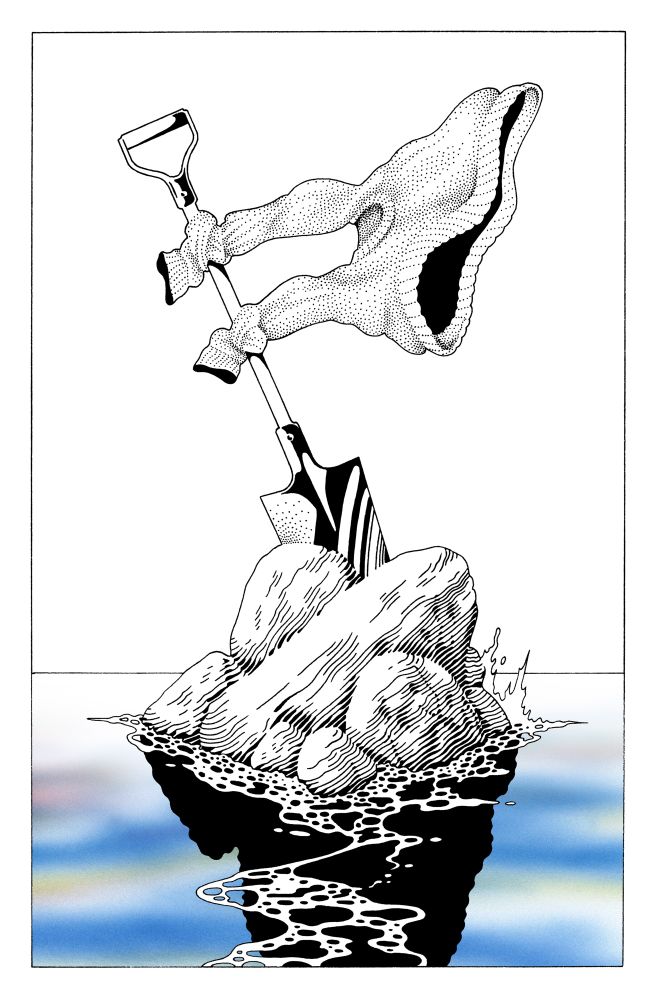 Black and white illustration showing a flag made out of a shirt on a small stone island in the middle of nowhere 